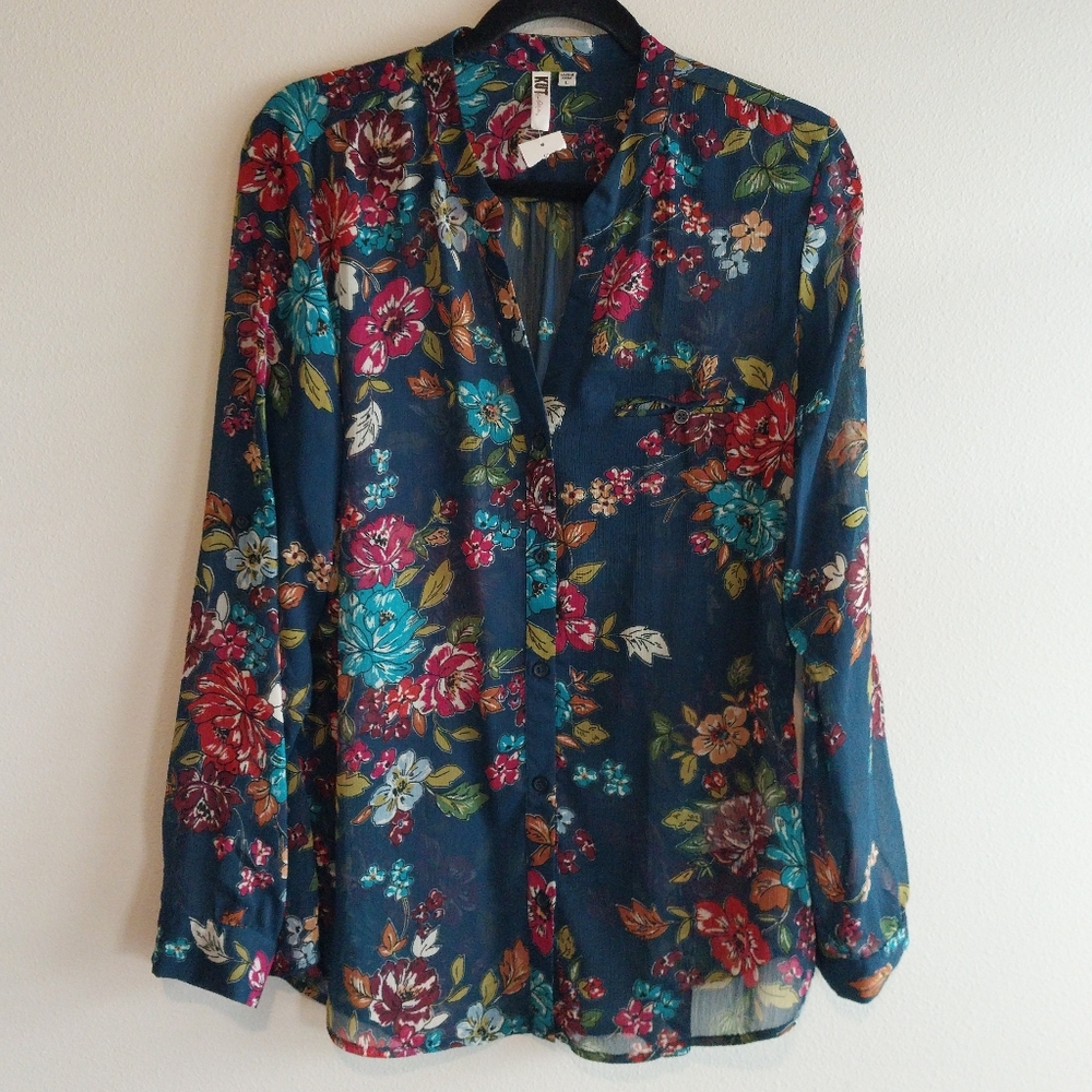 Kut from the Kloth Teal and Navy Floral Button-Front Blouse